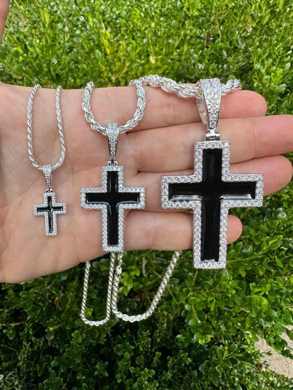 MOISSANITE Cross Black Enamel Pendant - 925 Silver - 3 Sizes - 1.25"-2.75"
