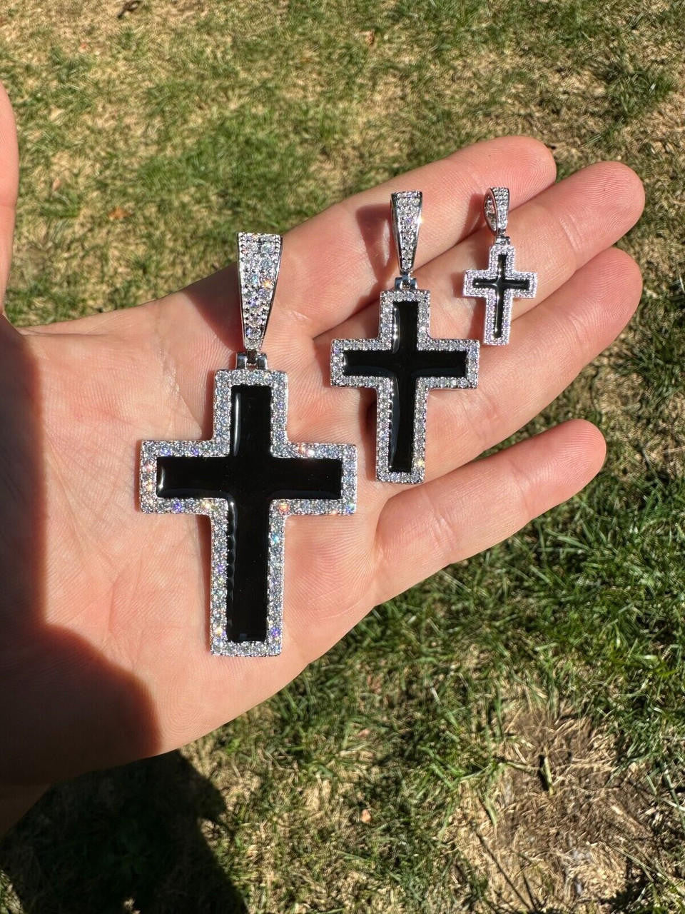 MOISSANITE Cross Black Enamel Pendant - 925 Silver - 3 Sizes - 1.25"-2.75"