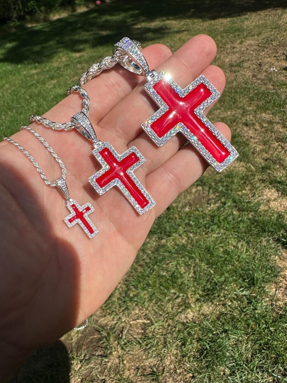 MOISSANITE Cross Blood Red Enamel Enamel Pendant - 925 Silver - 3 Sizes - 1.25"-2.75"