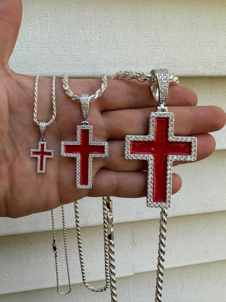MOISSANITE Cross Blood Red Enamel Enamel Pendant - 925 Silver - 3 Sizes - 1.25"-2.75"