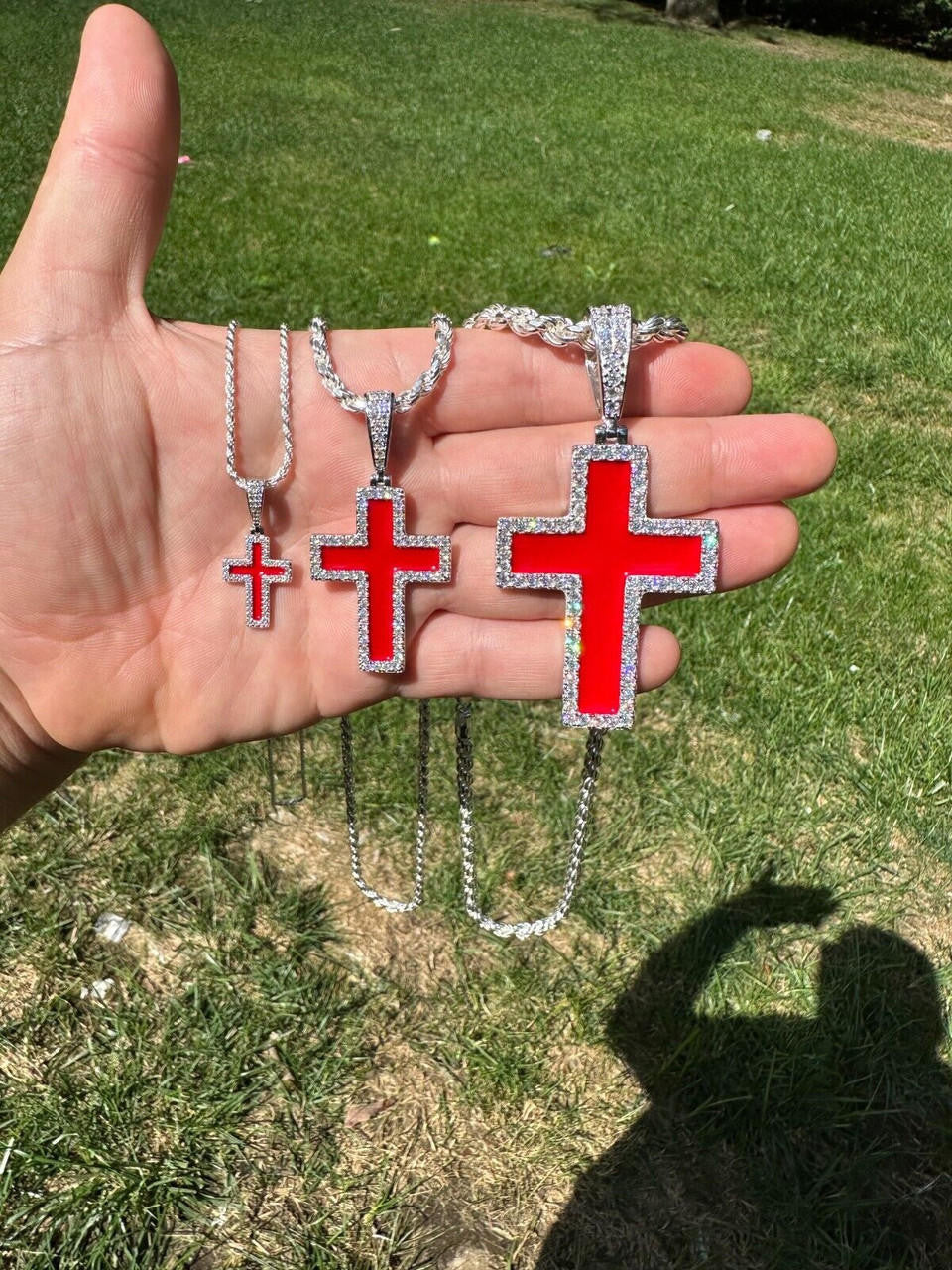 MOISSANITE Cross Blood Red Enamel Enamel Pendant - 925 Silver - 3 Sizes - 1.25"-2.75"