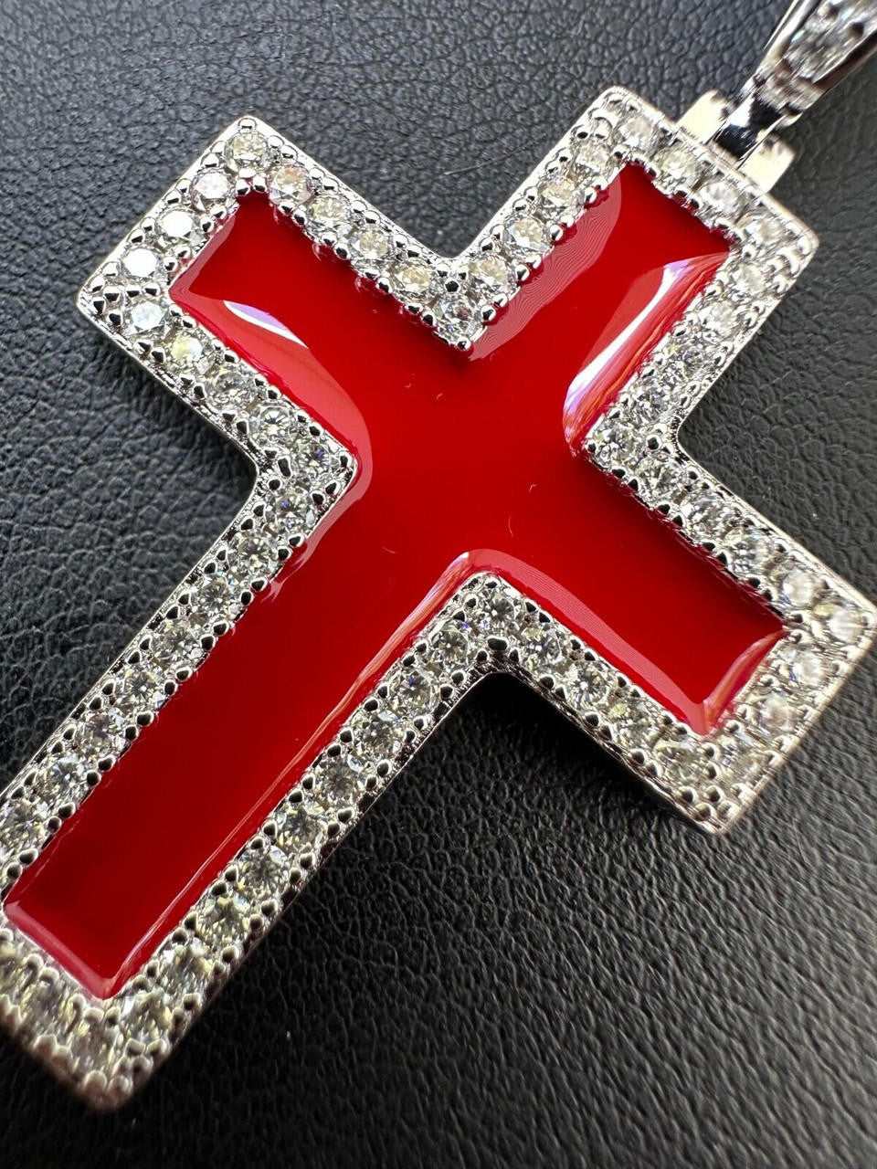 MOISSANITE Cross Blood Red Enamel Enamel Pendant - 925 Silver - 3 Sizes - 1.25"-2.75"