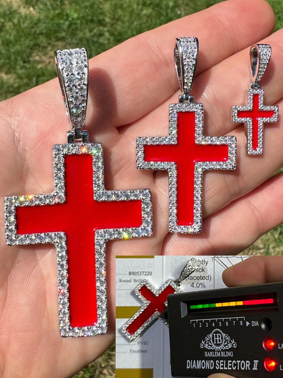 MOISSANITE Cross Blood Red Enamel Enamel Pendant - 925 Silver - 3 Sizes - 1.25"-2.75"
