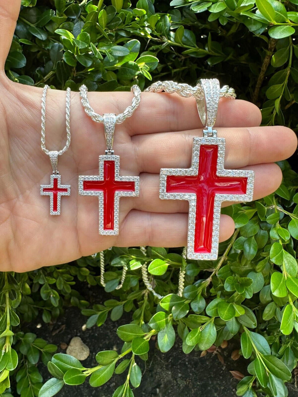MOISSANITE Cross Blood Red Enamel Enamel Pendant - 925 Silver - 3 Sizes - 1.25"-2.75"