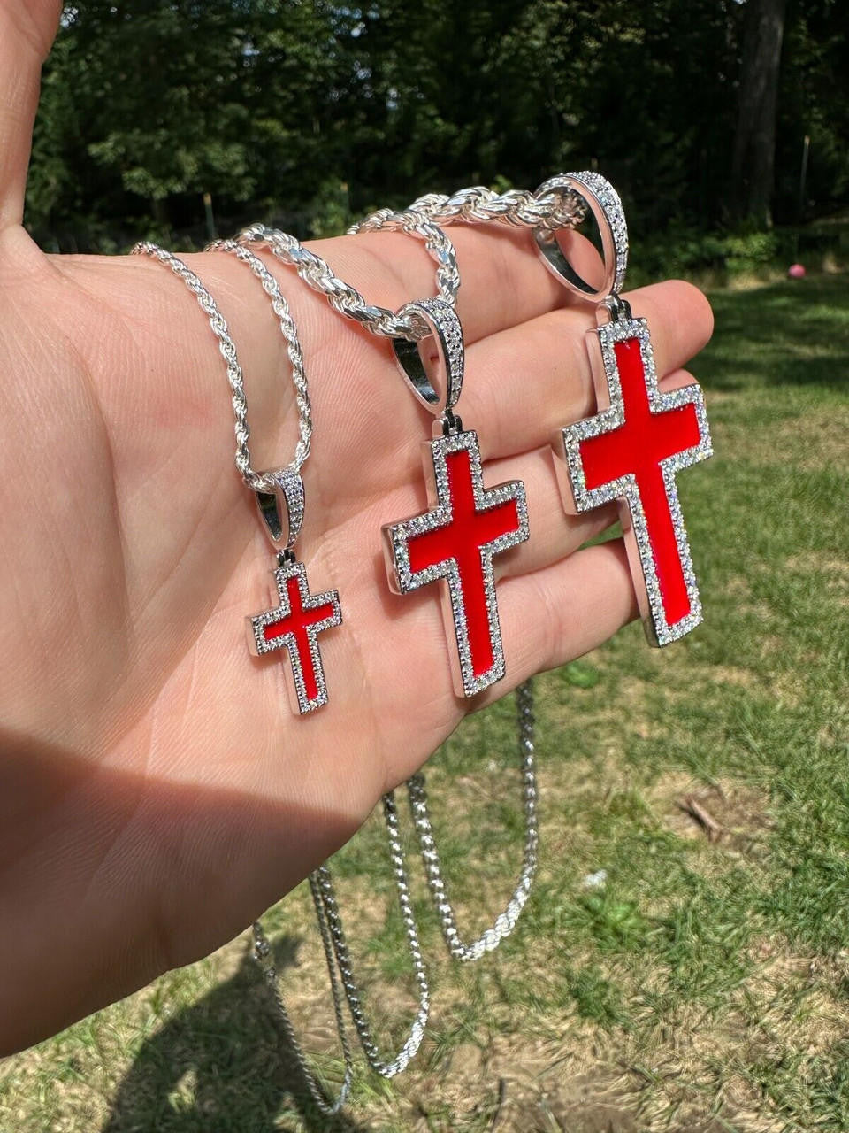 MOISSANITE Cross Blood Red Enamel Enamel Pendant - 925 Silver - 3 Sizes - 1.25"-2.75"