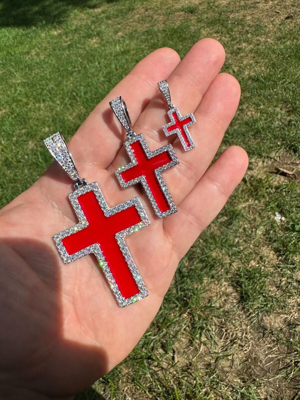 MOISSANITE Cross Blood Red Enamel Enamel Pendant - 925 Silver - 3 Sizes - 1.25"-2.75"