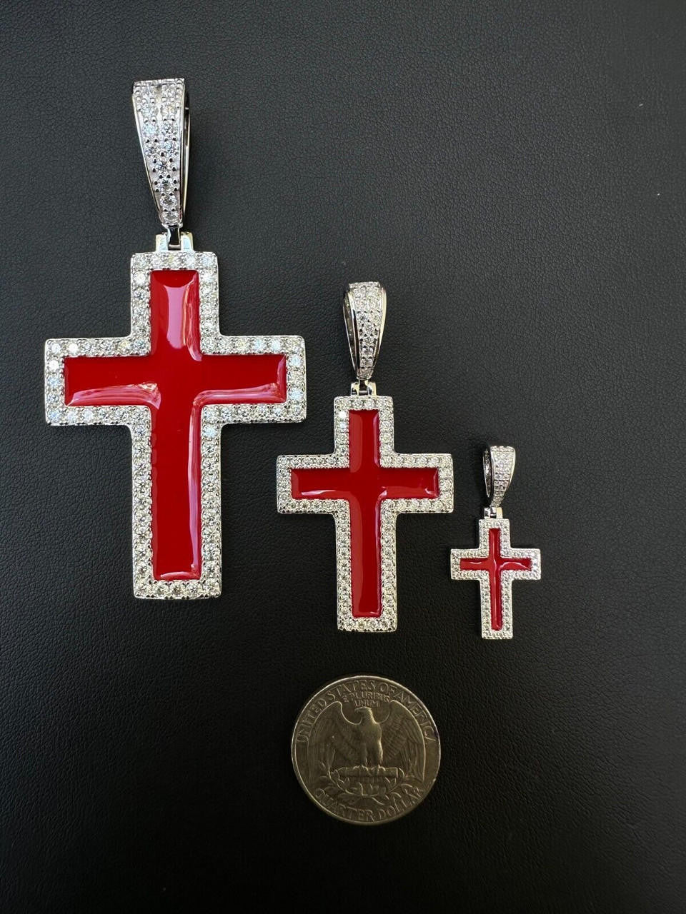 MOISSANITE Cross Blood Red Enamel Enamel Pendant - 925 Silver - 3 Sizes - 1.25"-2.75"