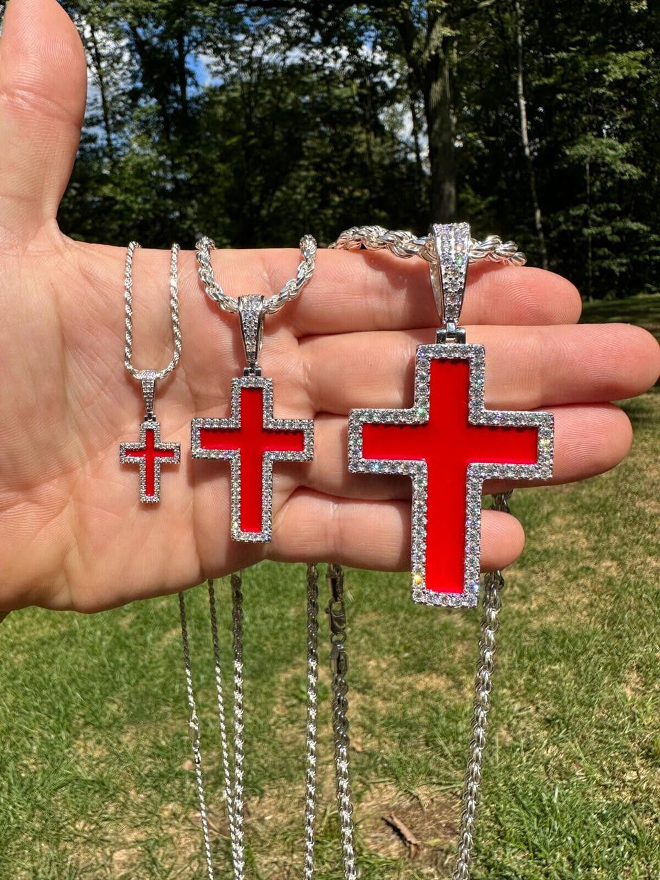 MOISSANITE Cross Blood Red Enamel Enamel Pendant - 925 Silver - 3 Sizes - 1.25"-2.75"