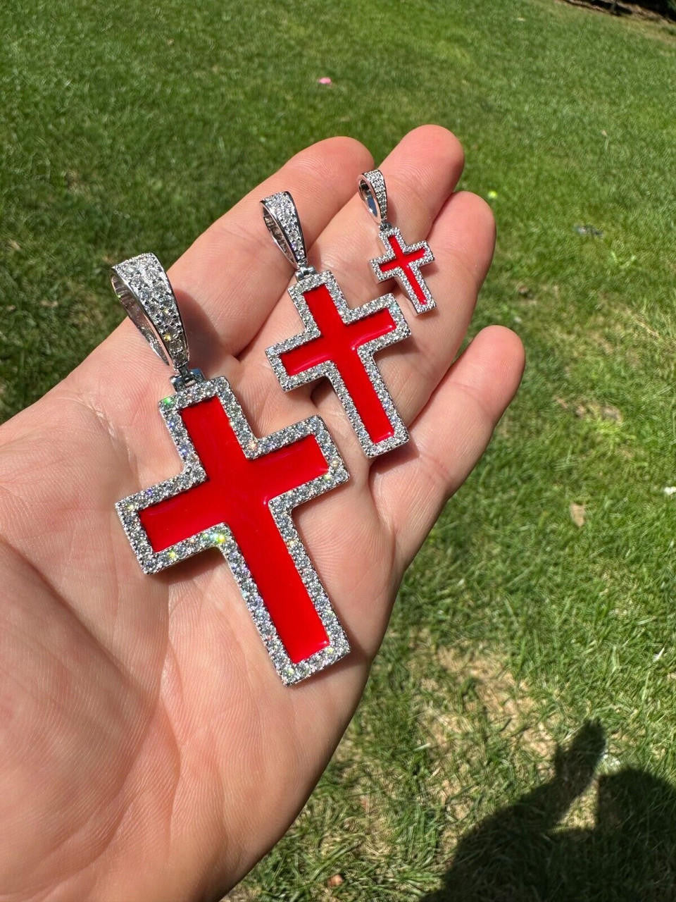 MOISSANITE Cross Blood Red Enamel Enamel Pendant - 925 Silver - 3 Sizes - 1.25"-2.75"