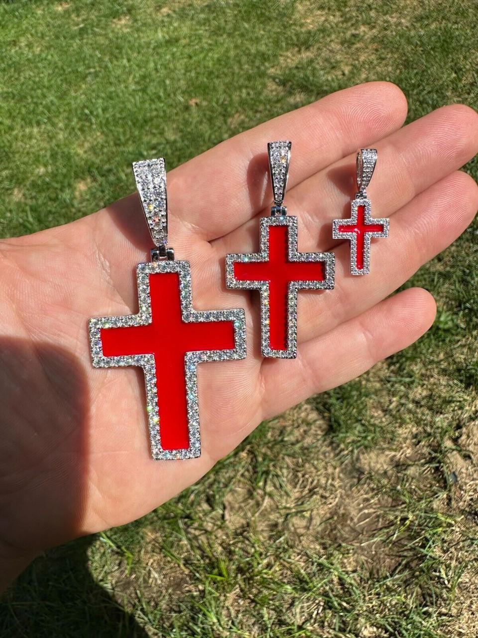MOISSANITE Cross Blood Red Enamel Enamel Pendant - 925 Silver - 3 Sizes - 1.25"-2.75"