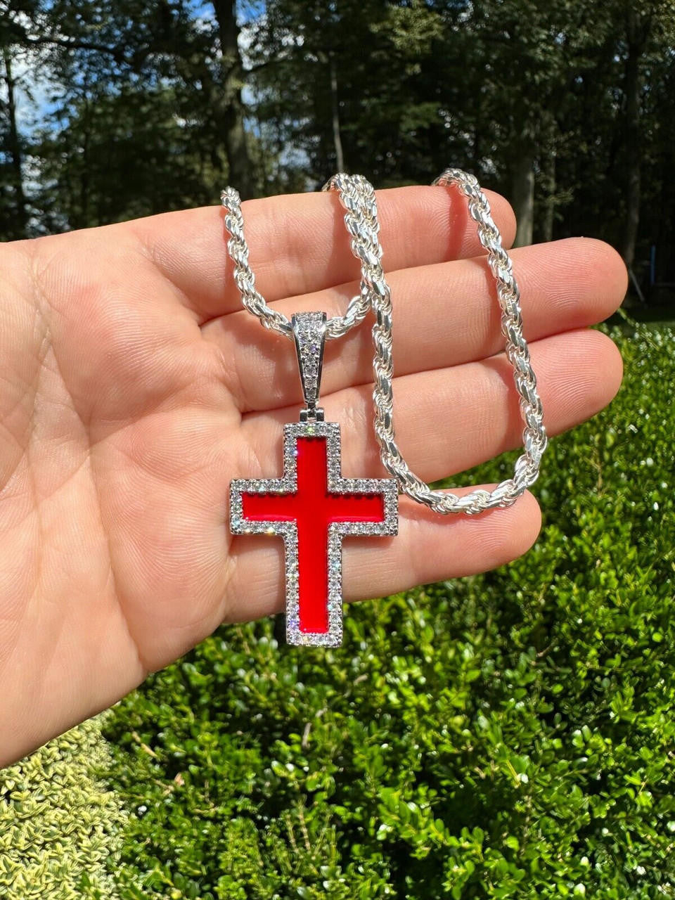 MOISSANITE Cross Blood Red Enamel Enamel Pendant - 925 Silver - 3 Sizes - 1.25"-2.75"