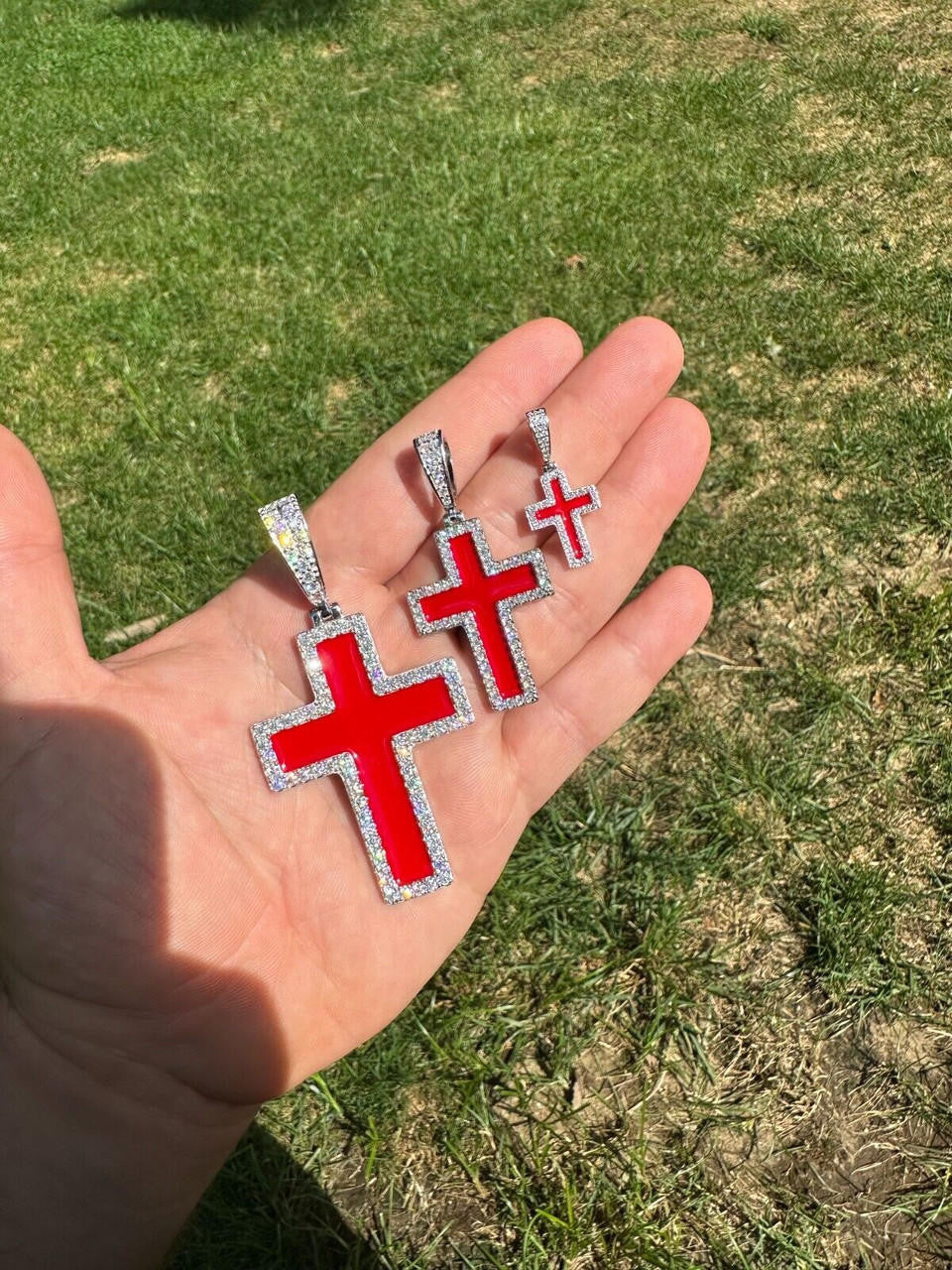 MOISSANITE Cross Blood Red Enamel Enamel Pendant - 925 Silver - 3 Sizes - 1.25"-2.75"