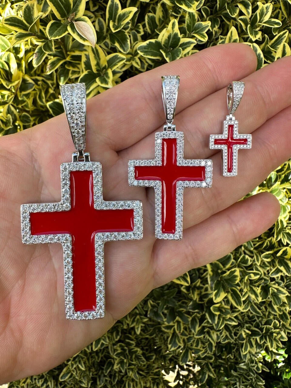 MOISSANITE Cross Blood Red Enamel Enamel Pendant - 925 Silver - 3 Sizes - 1.25"-2.75"