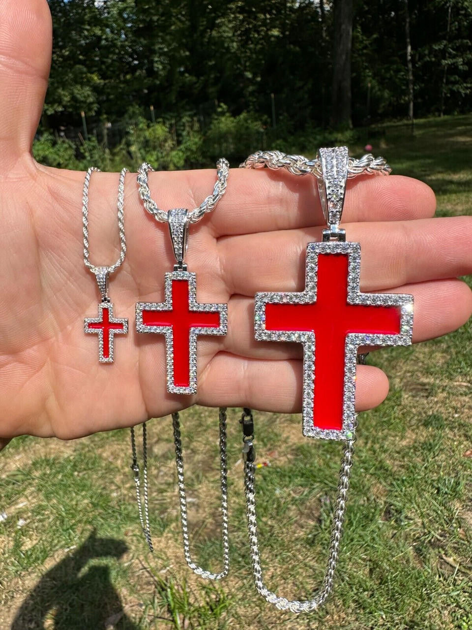 MOISSANITE Cross Blood Red Enamel Enamel Pendant - 925 Silver - 3 Sizes - 1.25"-2.75"