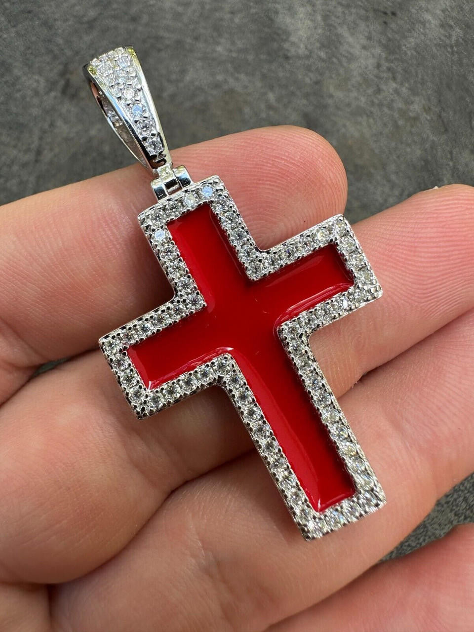 MOISSANITE Cross Blood Red Enamel Enamel Pendant - 925 Silver - 3 Sizes - 1.25"-2.75"
