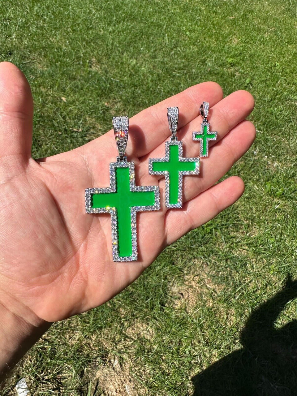 MOISSANITE Cross Green Enamel Pendant - 925 Silver - 3 Sizes - 1.25"-2.75"