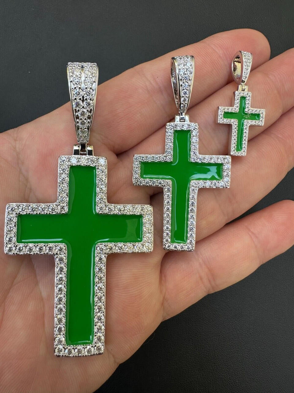 MOISSANITE Cross Green Enamel Pendant - 925 Silver - 3 Sizes - 1.25"-2.75"