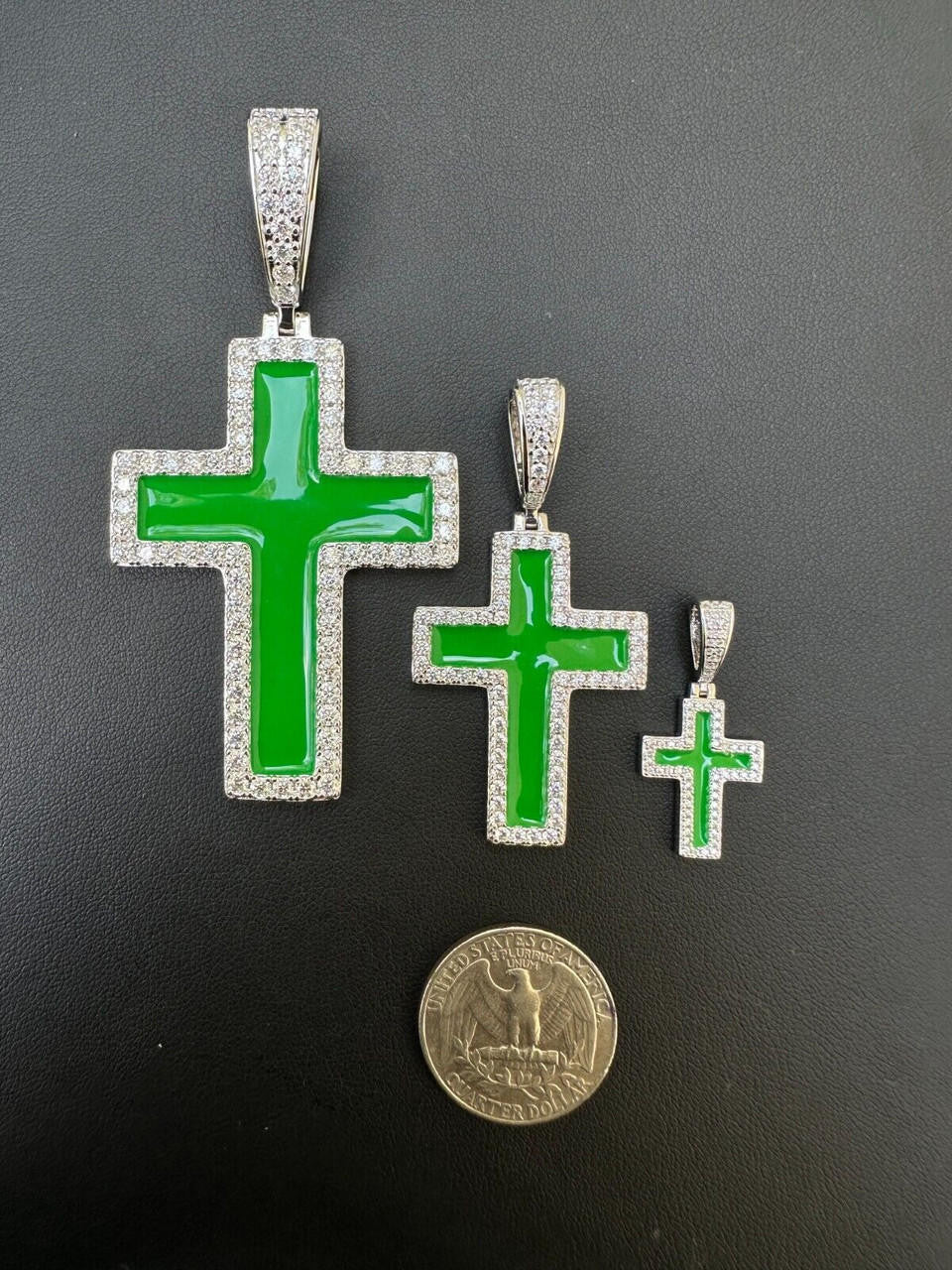 MOISSANITE Cross Green Enamel Pendant - 925 Silver - 3 Sizes - 1.25"-2.75"