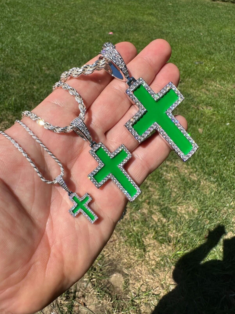 MOISSANITE Cross Green Enamel Pendant - 925 Silver - 3 Sizes - 1.25"-2.75"