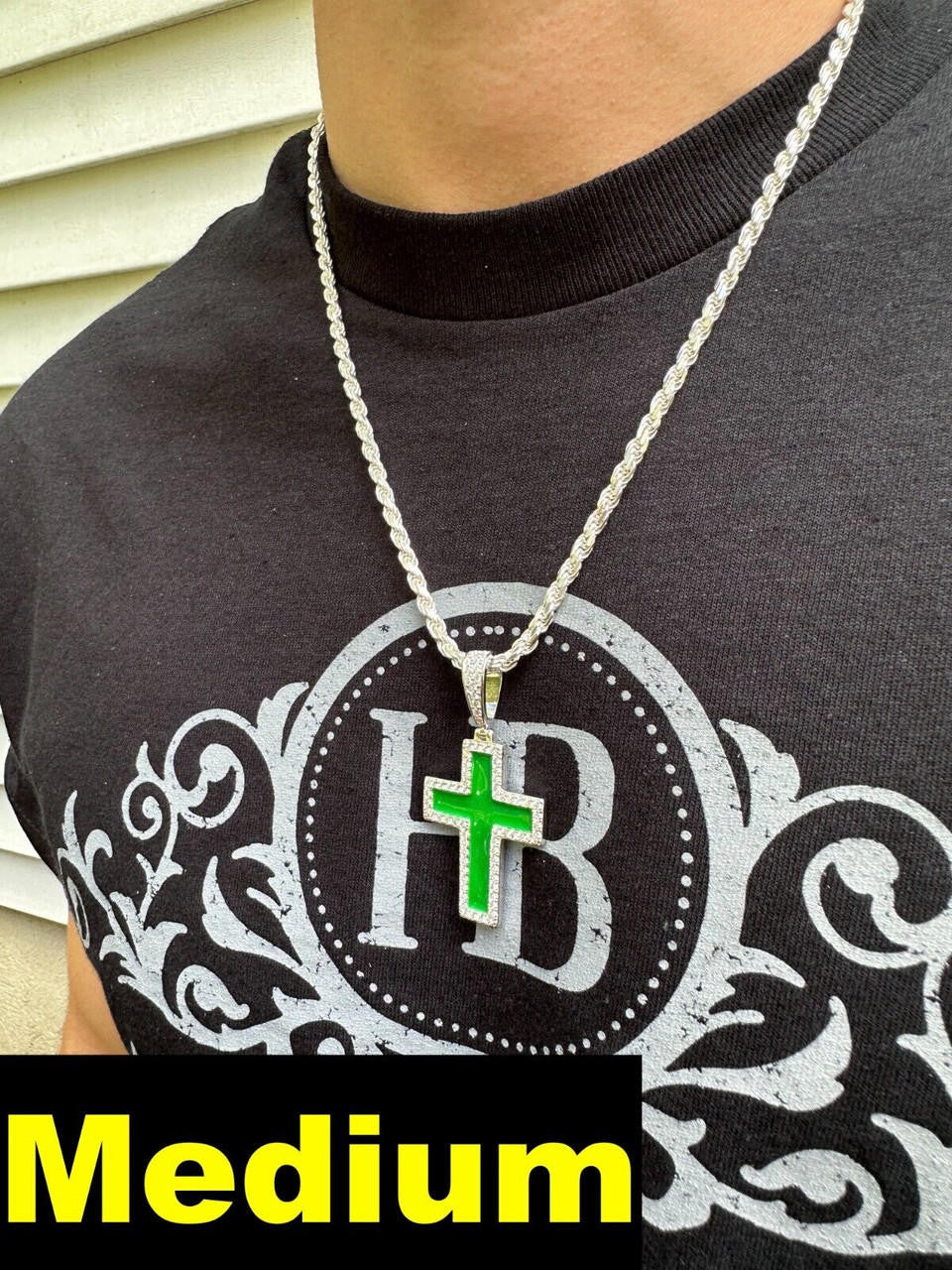 MOISSANITE Cross Green Enamel Pendant - 925 Silver - 3 Sizes - 1.25"-2.75"
