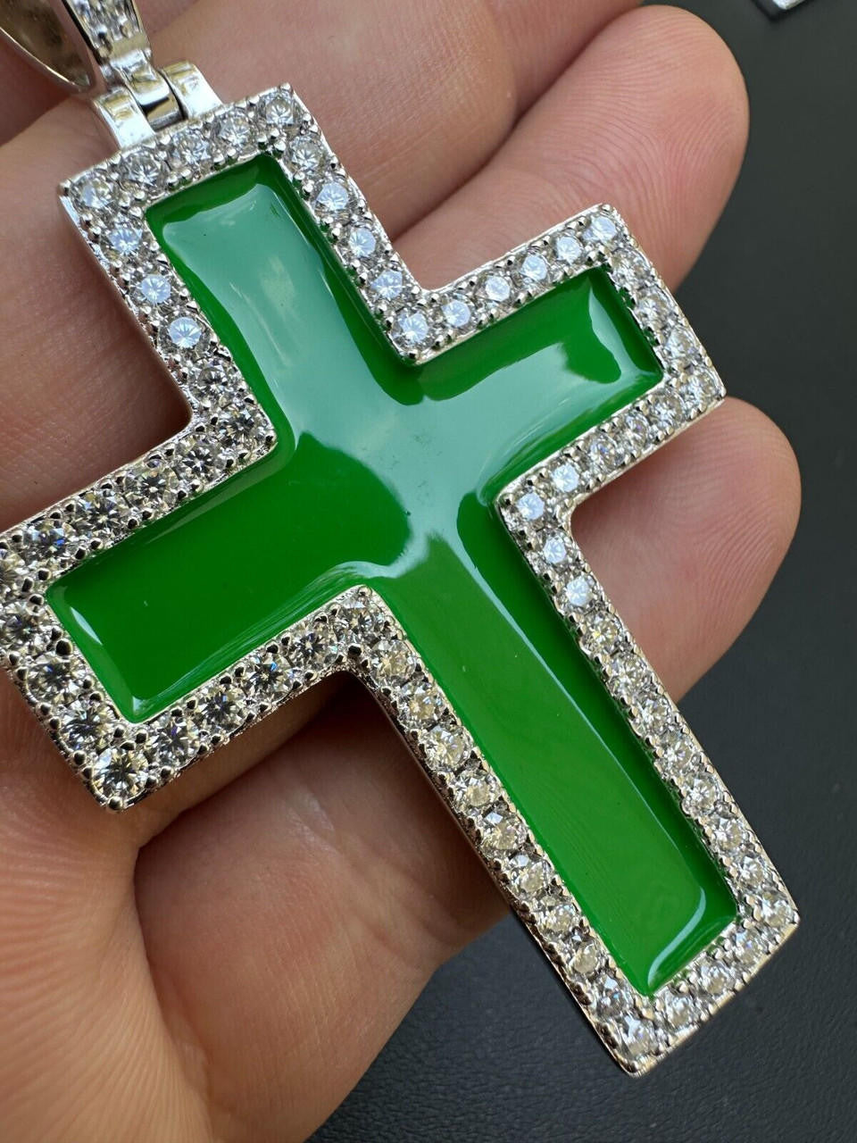 MOISSANITE Cross Green Enamel Pendant - 925 Silver - 3 Sizes - 1.25"-2.75"