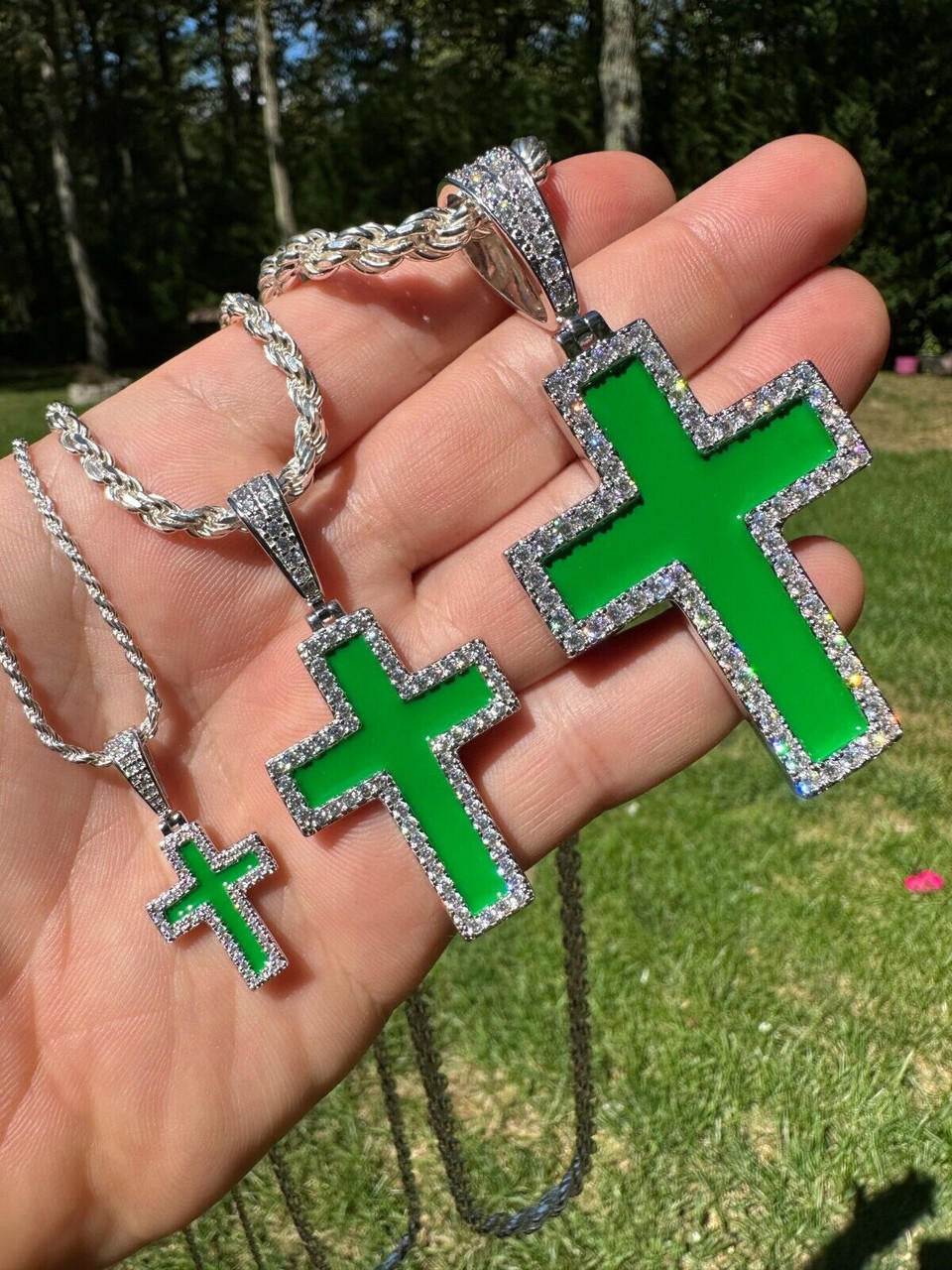 MOISSANITE Cross Green Enamel Pendant - 925 Silver - 3 Sizes - 1.25"-2.75"