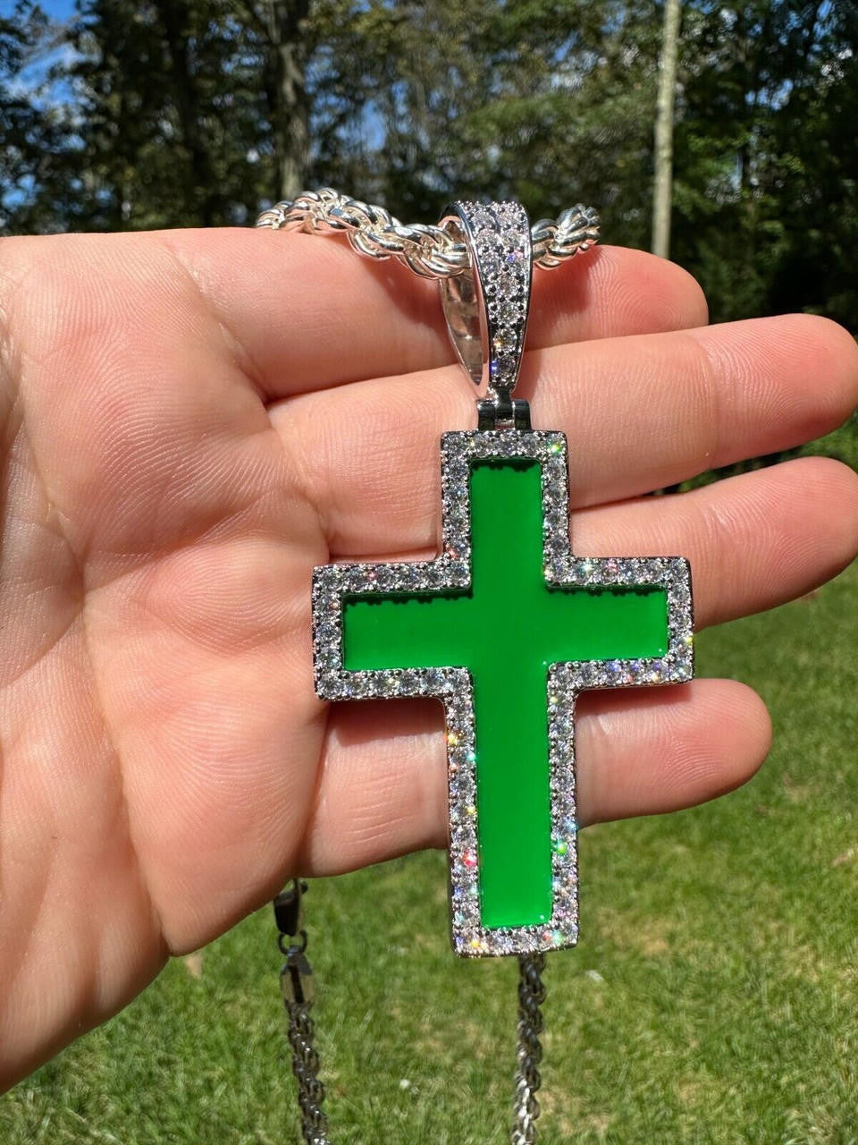 MOISSANITE Cross Green Enamel Pendant - 925 Silver - 3 Sizes - 1.25"-2.75"