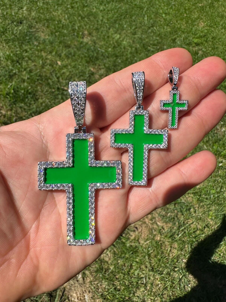 MOISSANITE Cross Green Enamel Pendant - 925 Silver - 3 Sizes - 1.25"-2.75"