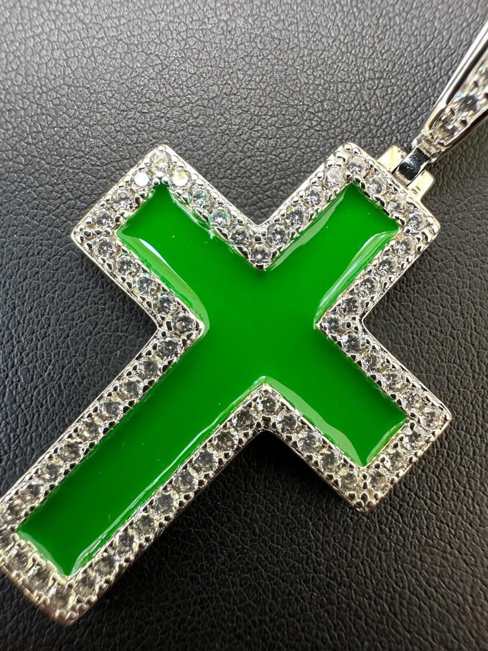 MOISSANITE Cross Green Enamel Pendant - 925 Silver - 3 Sizes - 1.25"-2.75"
