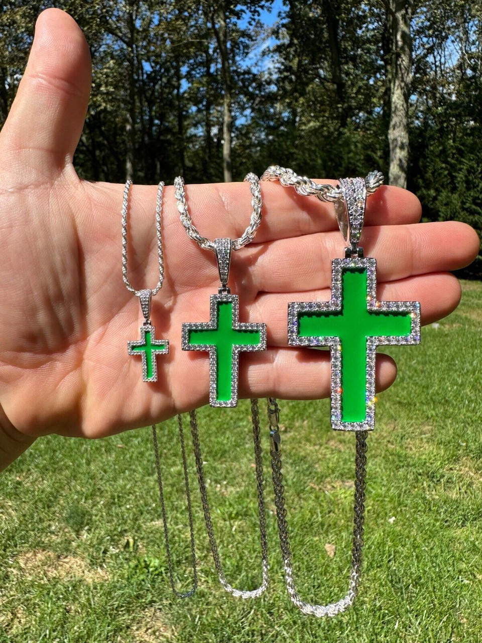 MOISSANITE Cross Green Enamel Pendant - 925 Silver - 3 Sizes - 1.25"-2.75"