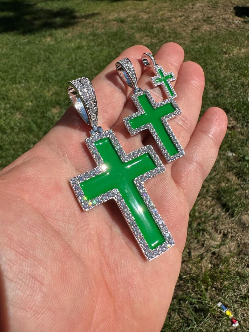 MOISSANITE Cross Green Enamel Pendant - 925 Silver - 3 Sizes - 1.25"-2.75"