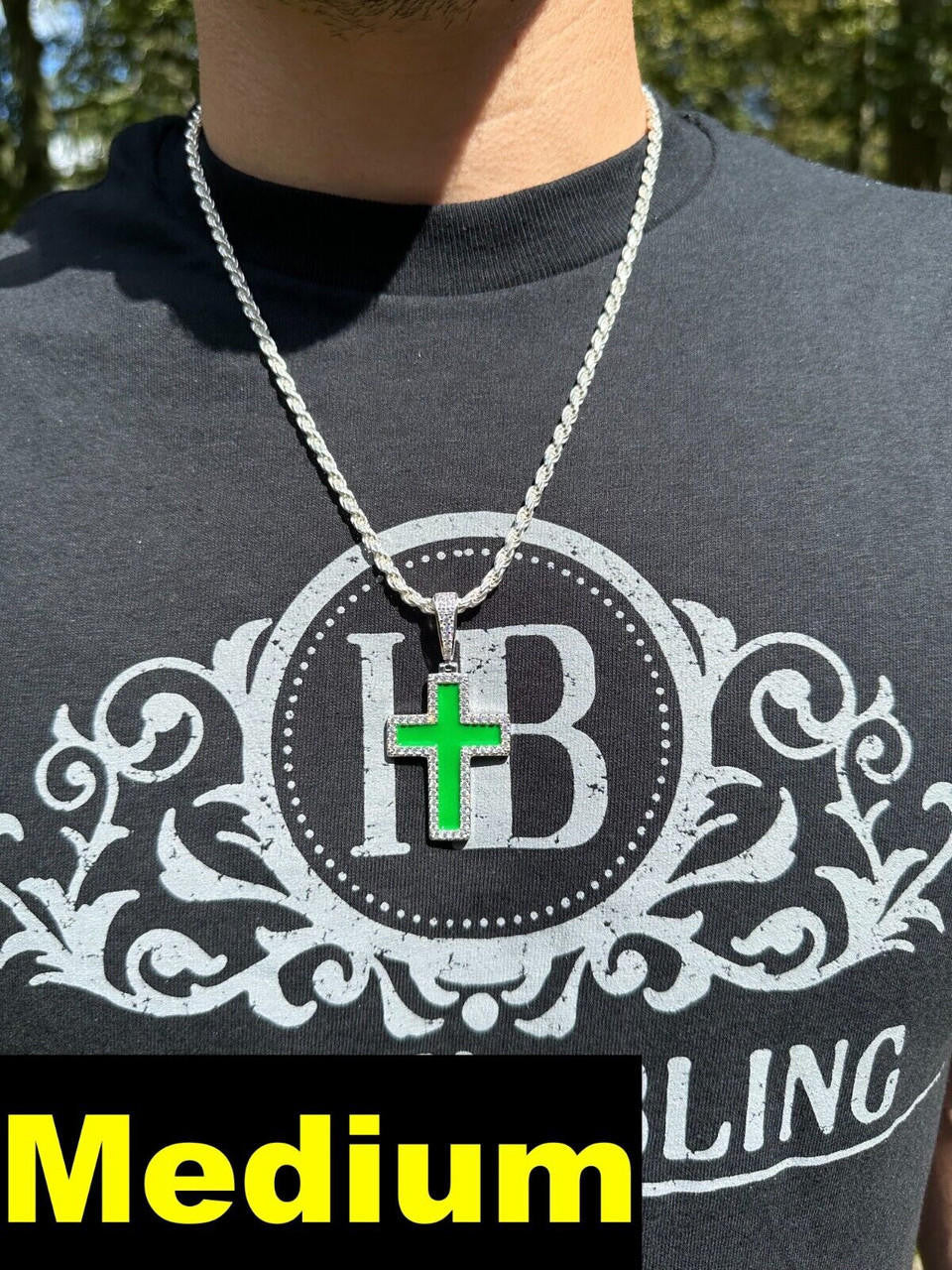 MOISSANITE Cross Green Enamel Pendant - 925 Silver - 3 Sizes - 1.25"-2.75"