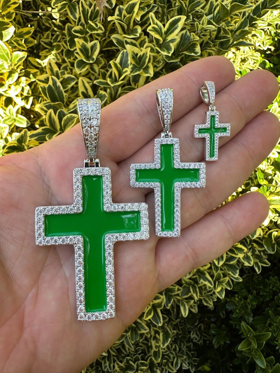 MOISSANITE Cross Green Enamel Pendant - 925 Silver - 3 Sizes - 1.25"-2.75"