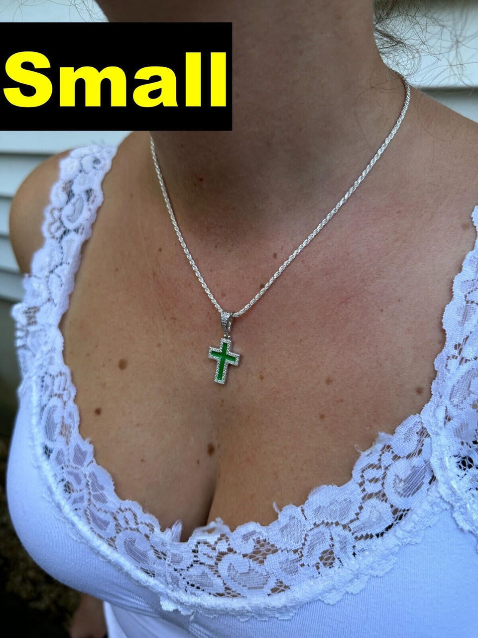 MOISSANITE Cross Green Enamel Pendant - 925 Silver - 3 Sizes - 1.25"-2.75"