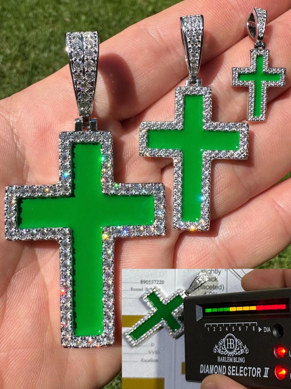 MOISSANITE Cross Green Enamel Pendant - 925 Silver - 3 Sizes - 1.25"-2.75"