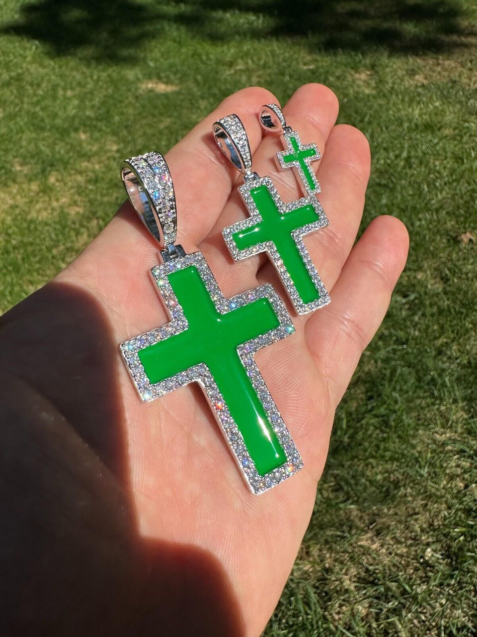 MOISSANITE Cross Green Enamel Pendant - 925 Silver - 3 Sizes - 1.25"-2.75"