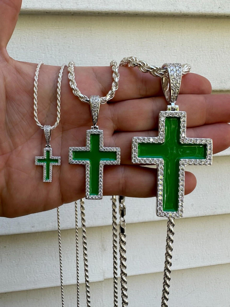 MOISSANITE Cross Green Enamel Pendant - 925 Silver - 3 Sizes - 1.25"-2.75"