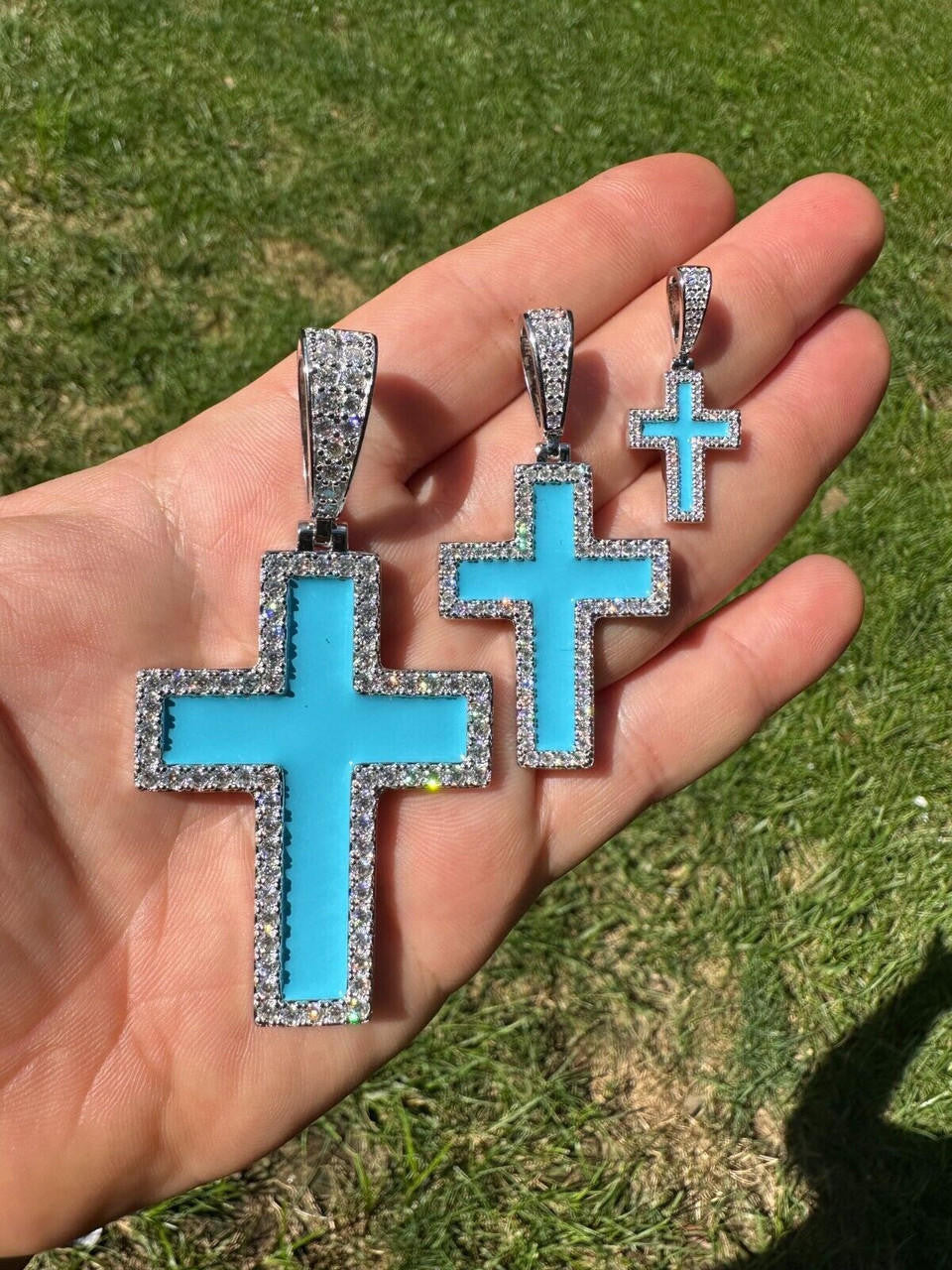 MOISSANITE Cross Light Blue Enamel Pendant - 925 Silver - 3 Sizes - 1.25"-2.75"