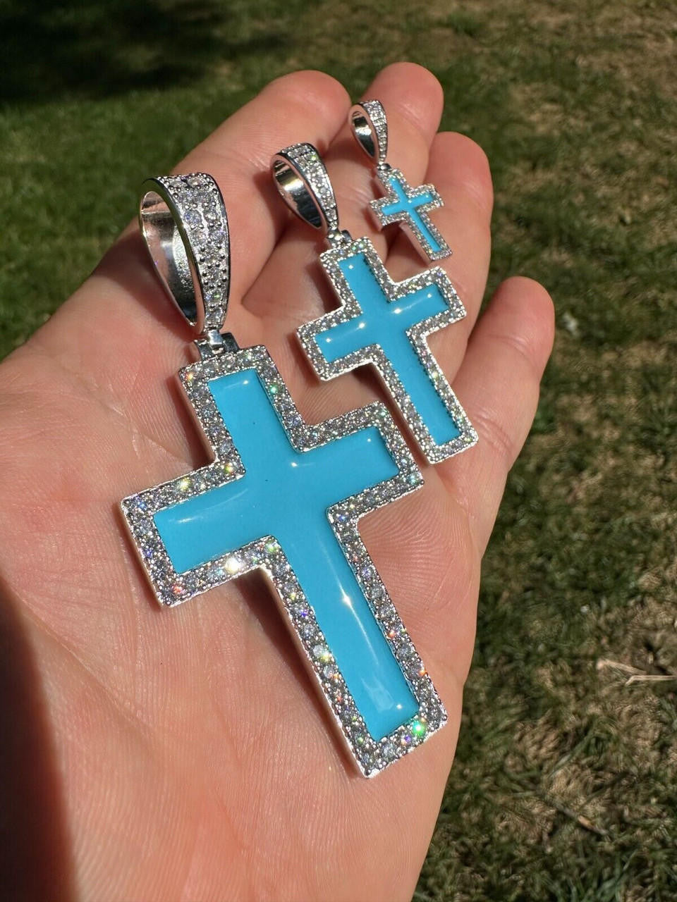 MOISSANITE Cross Light Blue Enamel Pendant - 925 Silver - 3 Sizes - 1.25"-2.75"