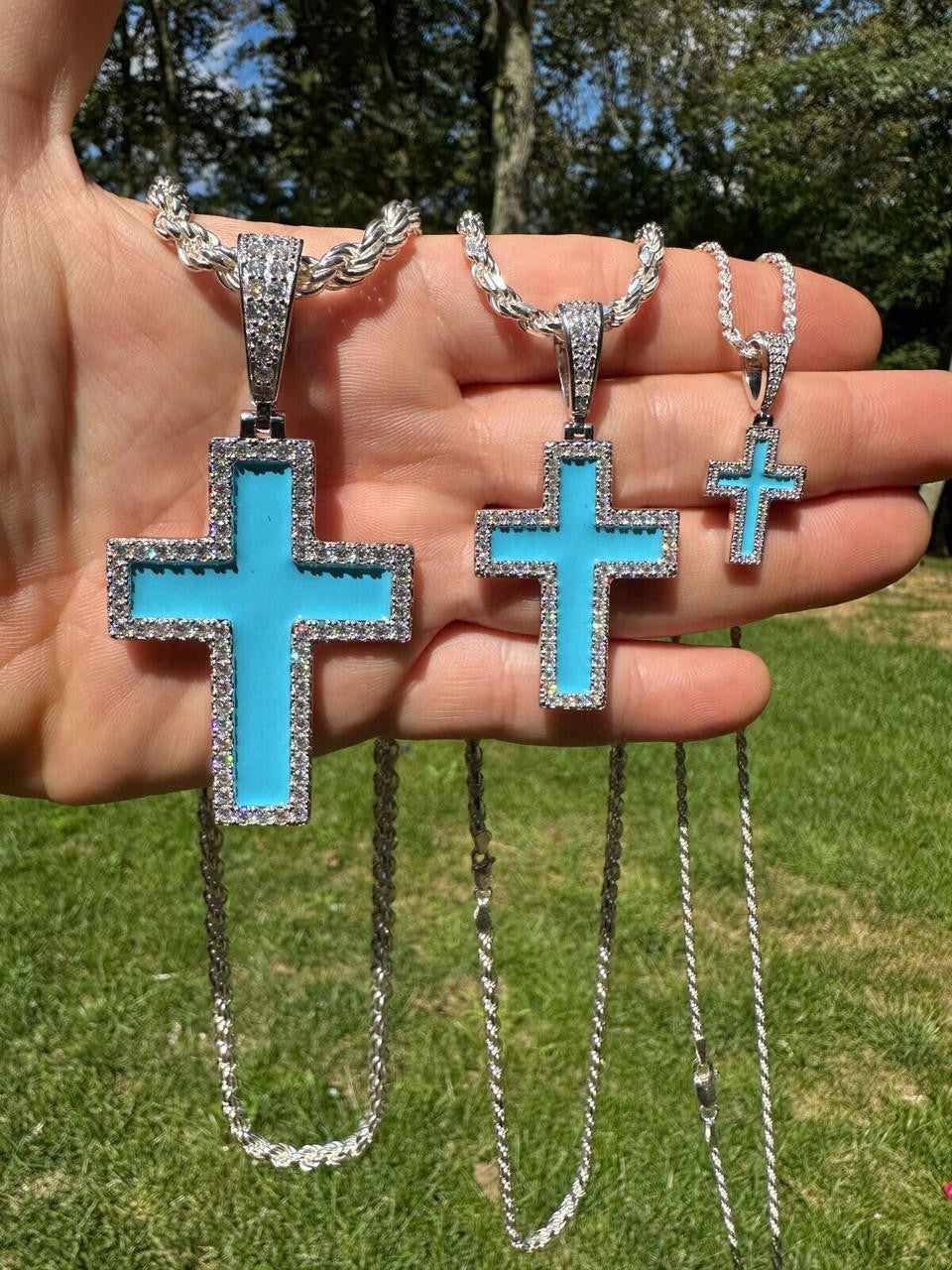 MOISSANITE Cross Light Blue Enamel Pendant - 925 Silver - 3 Sizes - 1.25"-2.75"