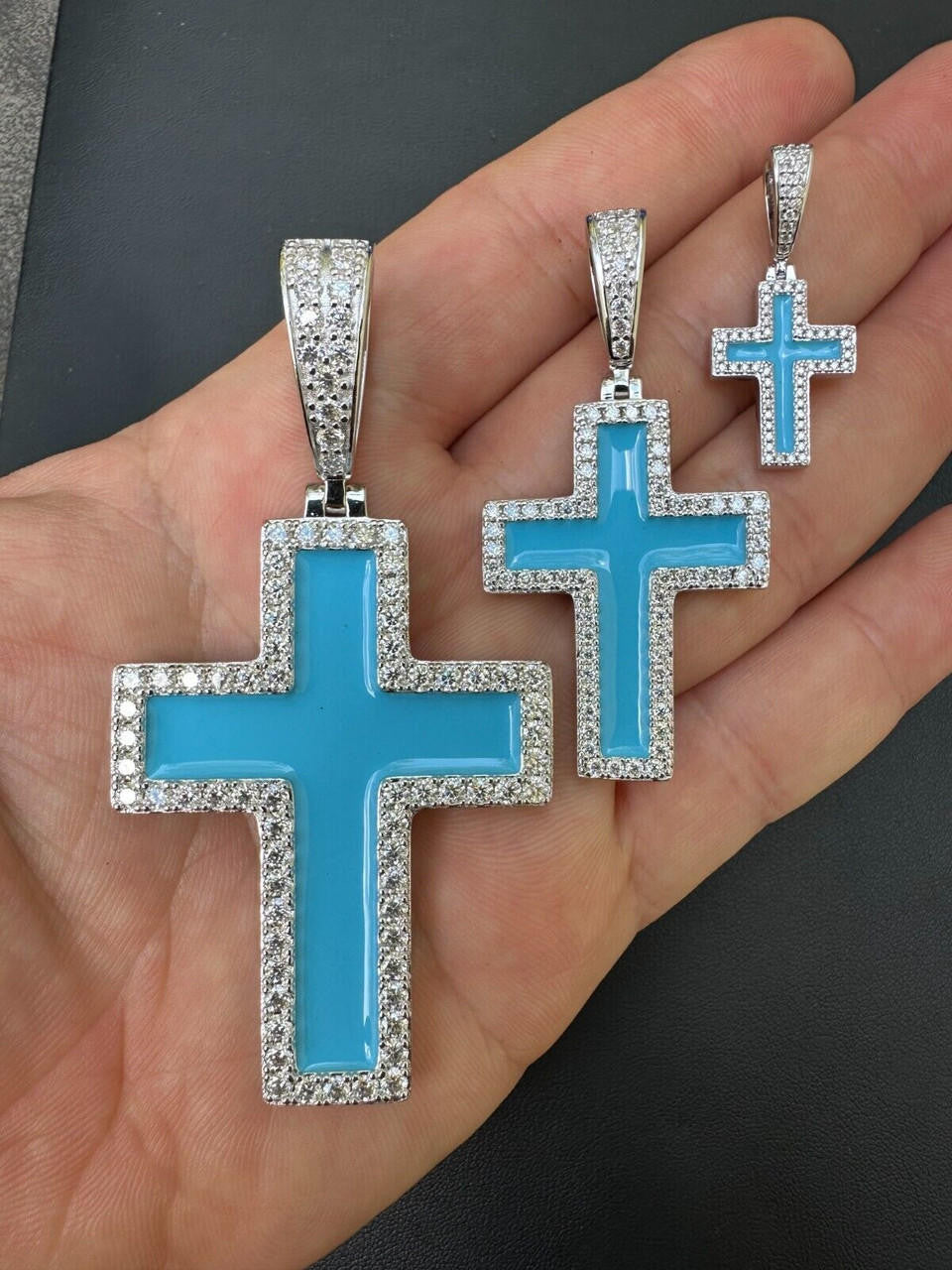 MOISSANITE Cross Light Blue Enamel Pendant - 925 Silver - 3 Sizes - 1.25"-2.75"