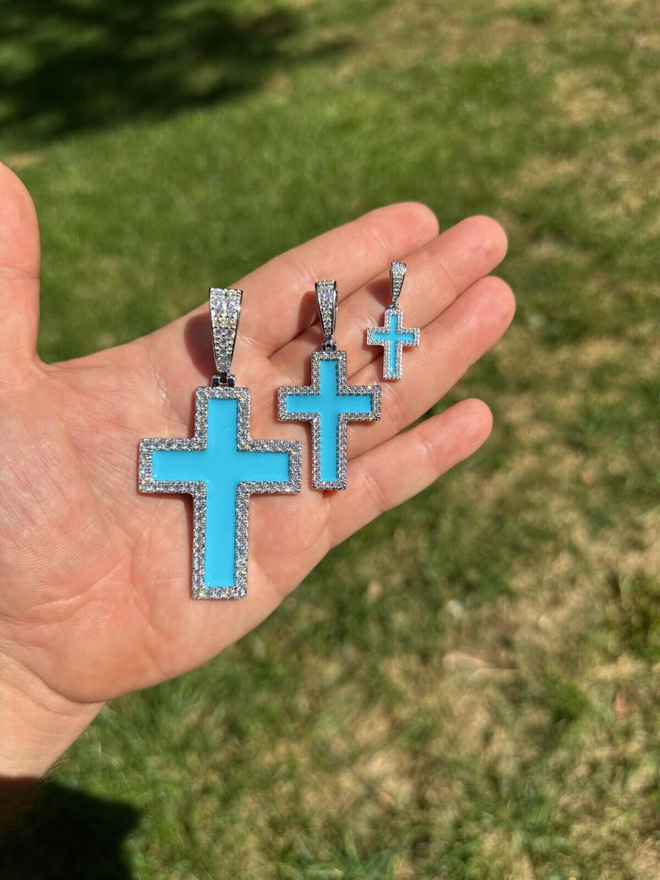 MOISSANITE Cross Light Blue Enamel Pendant - 925 Silver - 3 Sizes - 1.25"-2.75"