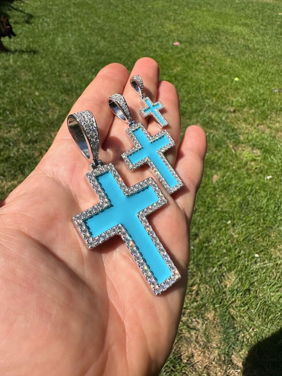 MOISSANITE Cross Light Blue Enamel Pendant - 925 Silver - 3 Sizes - 1.25"-2.75"