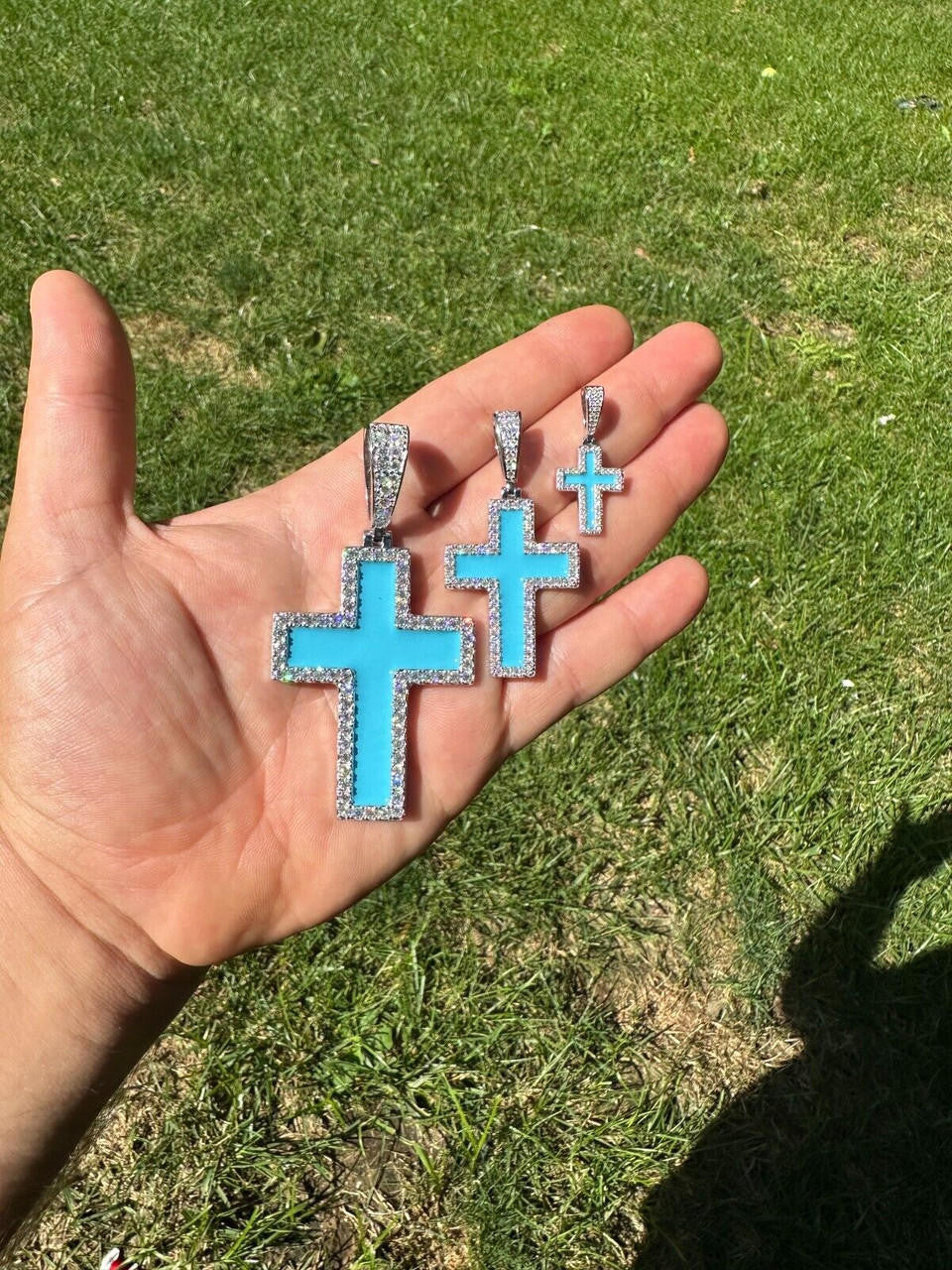 MOISSANITE Cross Light Blue Enamel Pendant - 925 Silver - 3 Sizes - 1.25"-2.75"