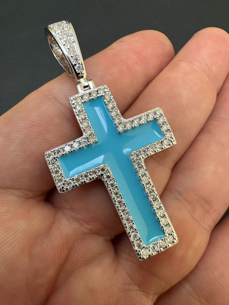 MOISSANITE Cross Light Blue Enamel Pendant - 925 Silver - 3 Sizes - 1.25"-2.75"