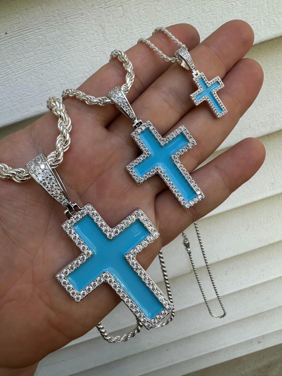 MOISSANITE Cross Light Blue Enamel Pendant - 925 Silver - 3 Sizes - 1.25"-2.75"