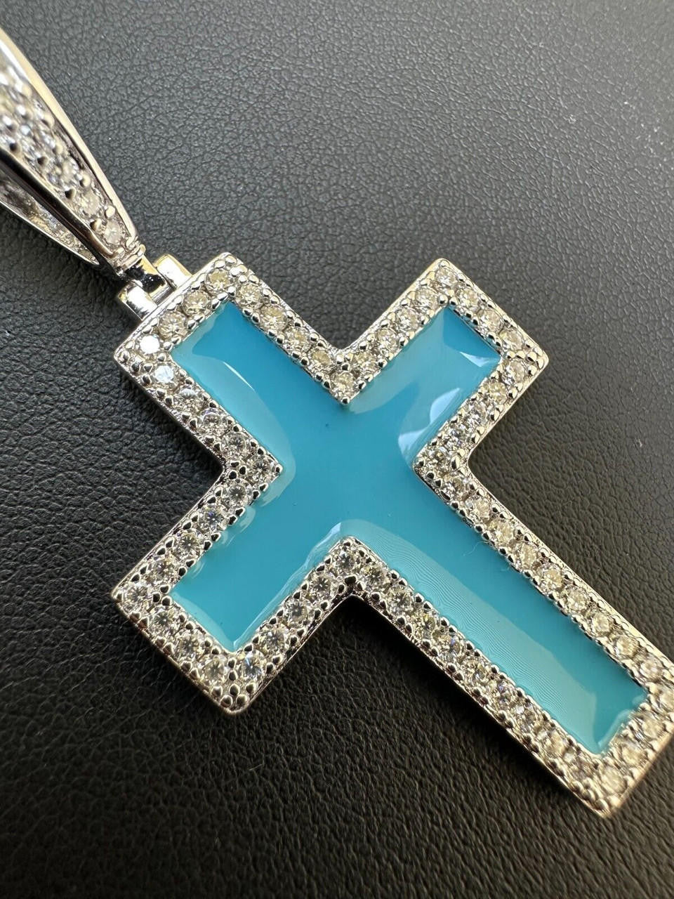MOISSANITE Cross Light Blue Enamel Pendant - 925 Silver - 3 Sizes - 1.25"-2.75"