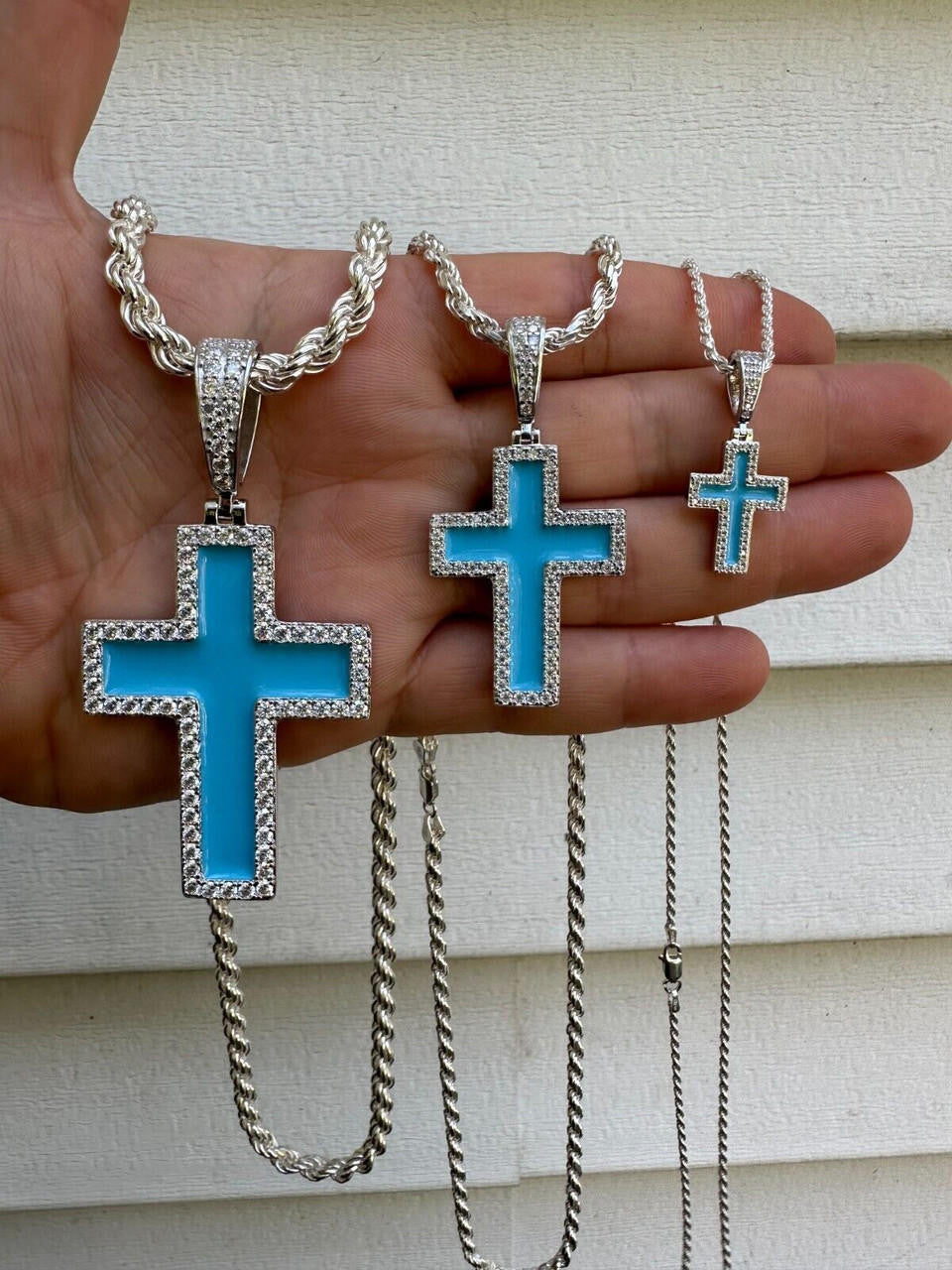 MOISSANITE Cross Light Blue Enamel Pendant - 925 Silver - 3 Sizes - 1.25"-2.75"