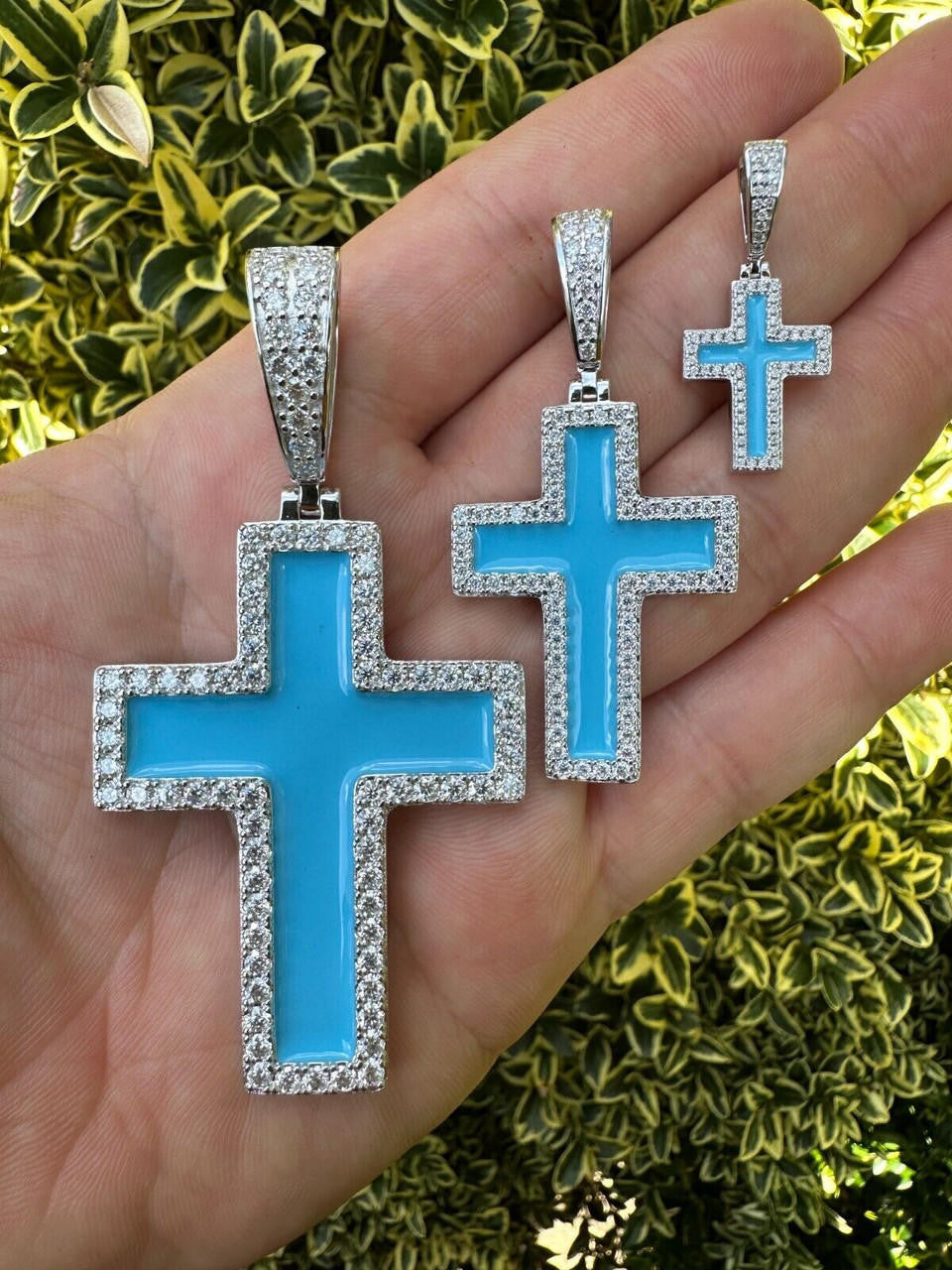 MOISSANITE Cross Light Blue Enamel Pendant - 925 Silver - 3 Sizes - 1.25"-2.75"