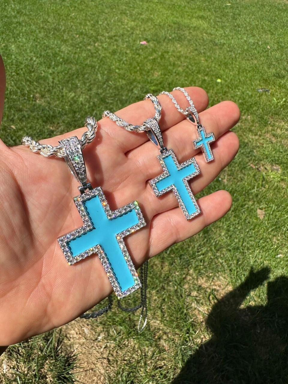 MOISSANITE Cross Light Blue Enamel Pendant - 925 Silver - 3 Sizes - 1.25"-2.75"